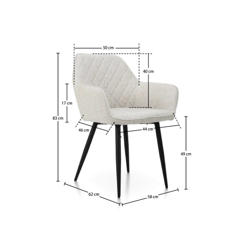 Chaise contemporaine en tissu beige avec dossier matelassé et pieds en métal noir – Confort et design moderne