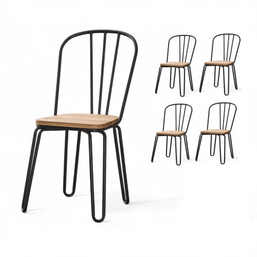 Lot de 4 chaises en métal noir mat style industriel et assise en bois clair – Pieds en épingle