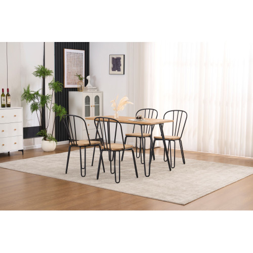 Lot de 4 chaises en métal noir mat style industriel et assise en bois clair – Pieds en épingle