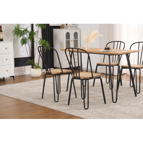 Lot de 4 chaises en métal noir mat style industriel et assise en bois clair – Pieds en épingle