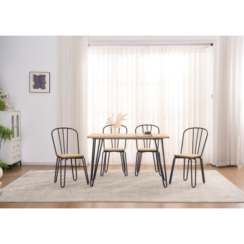 Lot de 4 chaises en métal noir mat style industriel et assise en bois clair – Pieds en épingle
