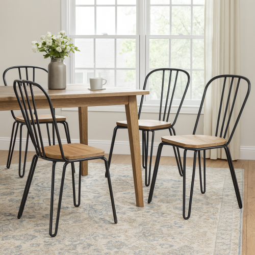 Lot de 4 Chaises Industrielles – Métal Noir Mat & Bois Clair – Pieds Épingle