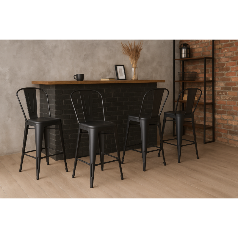 Chaise de bar KOSMI en métal noir mat – confortable, design industriel, hauteur 66 cm