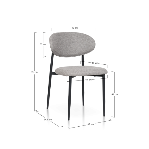 Chaise design avec pieds en métal noir et assise rembourrée en tissu gris