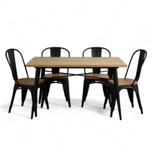 Ensemble Table et Chaises Style Industriel, Métal Noir Mat et Bois Naturel, 120x80cm - Design Factory