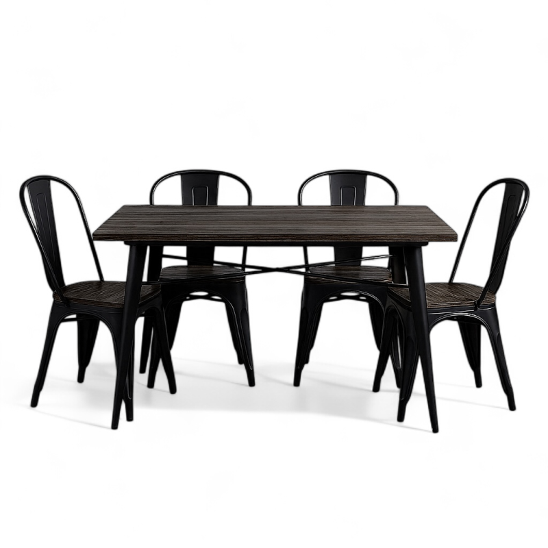 Ensemble Table et Chaises Style Industriel, Métal Noir Mat et Bois Naturel, 120x80cm - Design Factory