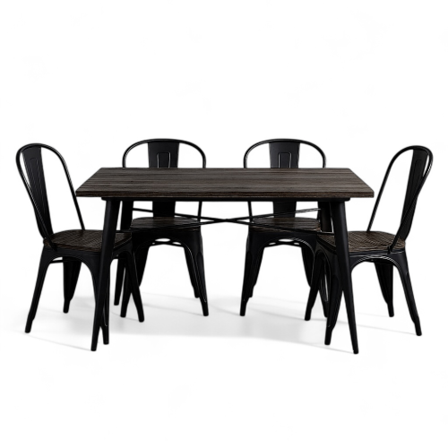 Ensemble Table et Chaises Style Industriel, Métal Noir Mat et Bois Naturel, 120x80cm - Design Factory