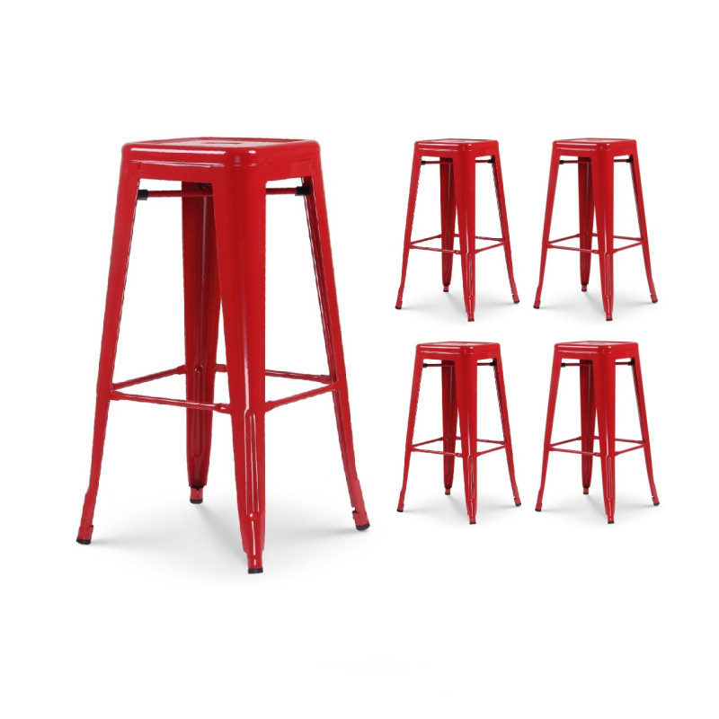 Lot de 4 tabourets de bar en métal rouge brillant style industriel - Sans dossier - Hauteur 76 cm