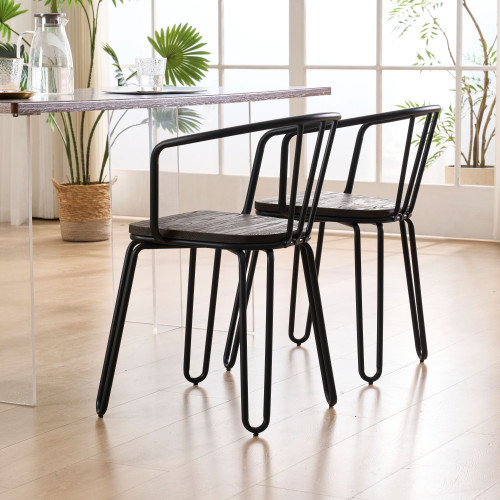Lot de 4 chaises en métal noir mat, bois foncé – pieds épingle