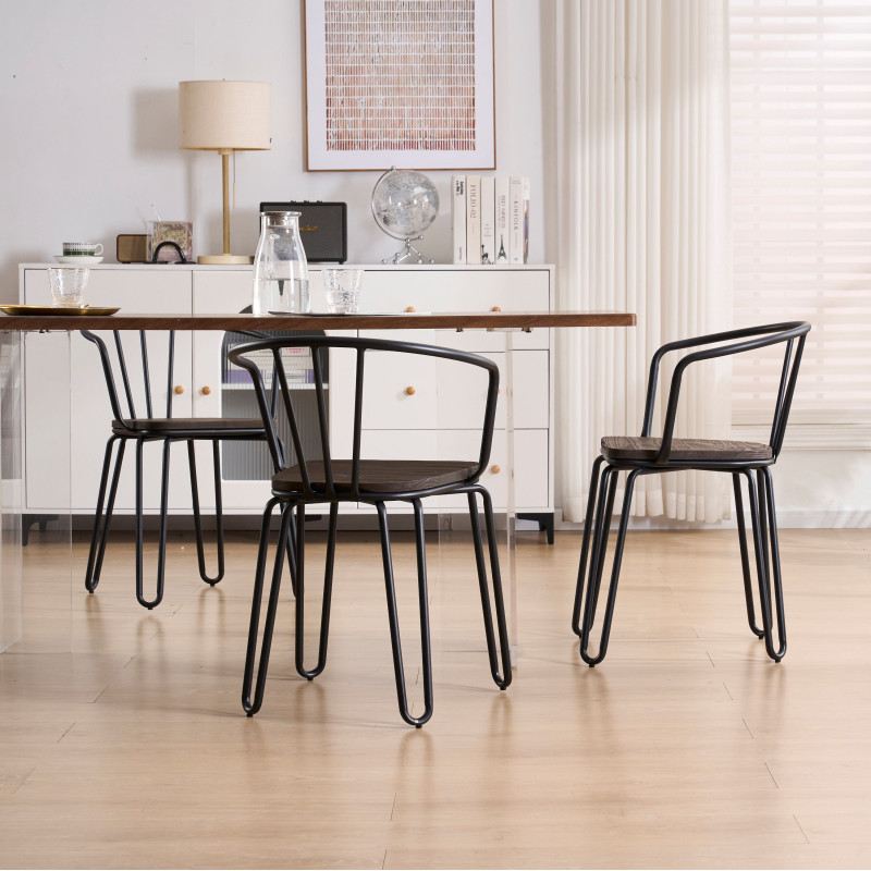 Lot de 4 chaises en métal noir mat, bois foncé – pieds épingle