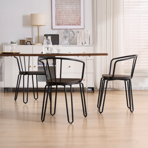 Lot de 4 chaises en métal noir mat, bois foncé – pieds épingle