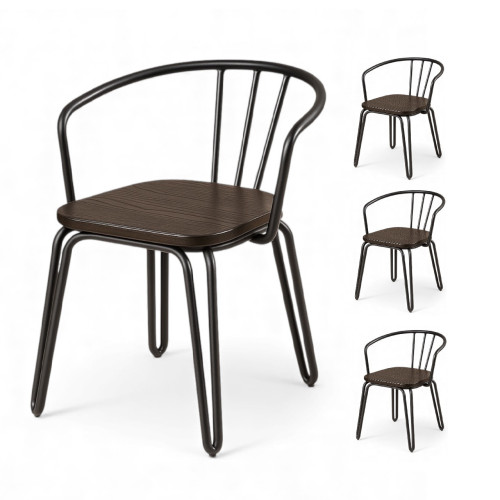 Lot de 4 chaises en métal noir mat, bois foncé – pieds épingle