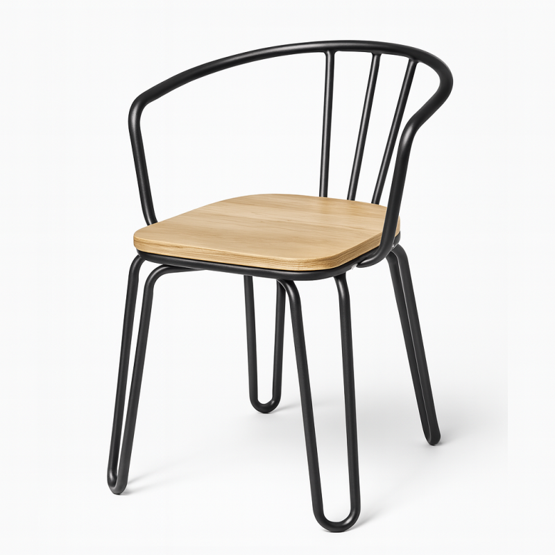 Lot de 4 chaises en métal noir mat, bois clair – pieds épingle