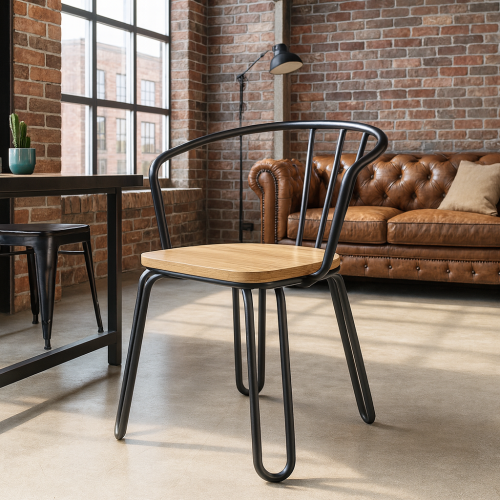 Lot de 4 chaises en métal noir mat, bois clair – pieds épingle et dossier ajouré - Style industriel 2