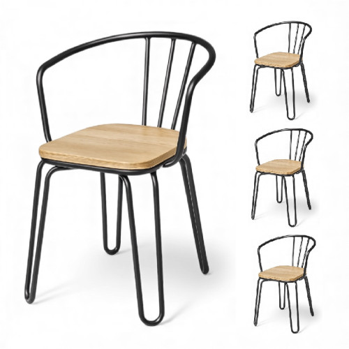 Lot de 4 chaises en métal noir mat, bois clair – pieds épingle et dossier ajouré - Style industriel