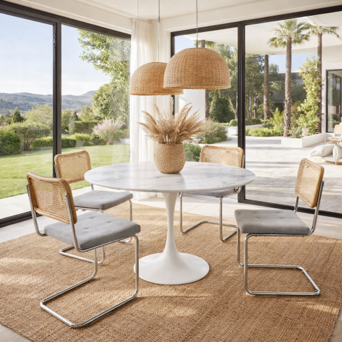Ambiance salle à manger villa moderne – chaises cannage et table design haut de gamme