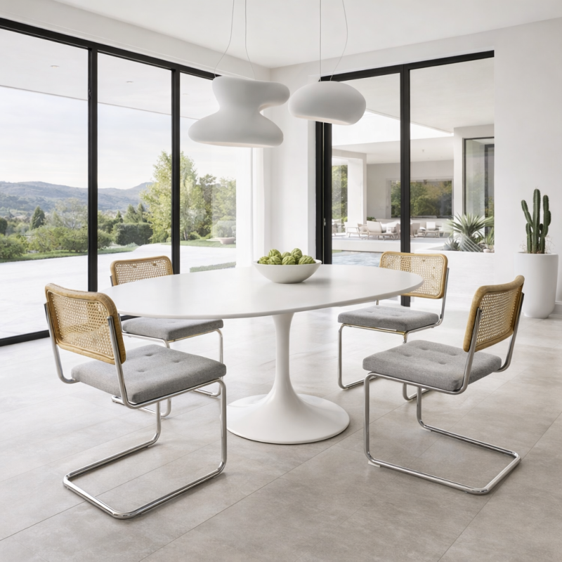 Ambiance salle à manger villa moderne – chaises cannage et table design haut de gamme