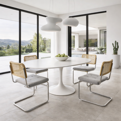 Ambiance salle à manger villa moderne – chaises cannage et table design haut de gamme