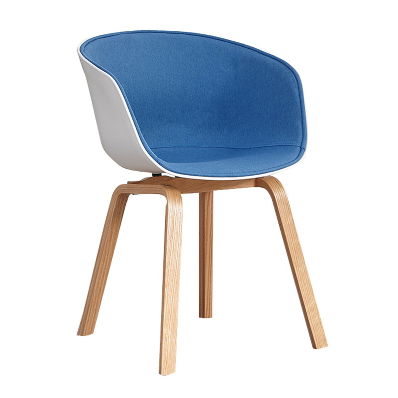 Chaise scandinave confortable - Coque en résine blanche revêtue d'un tissu moelleux bleu et des pieds bois