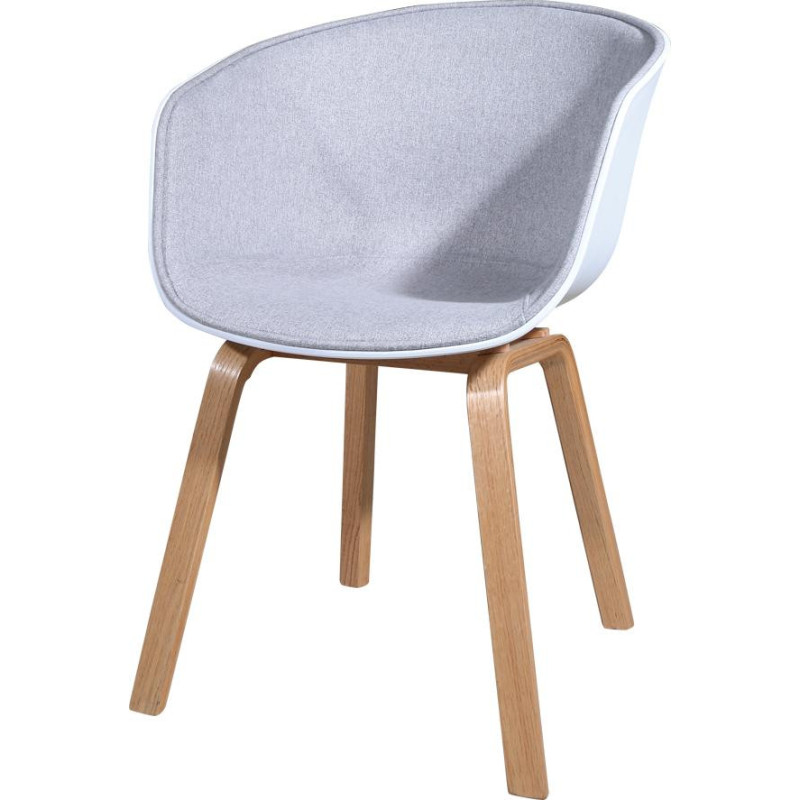 Chaise scandinave confortable - Coque en résine blanche revêtue d'un tissu moelleux gris chiné et des pieds bois naturel