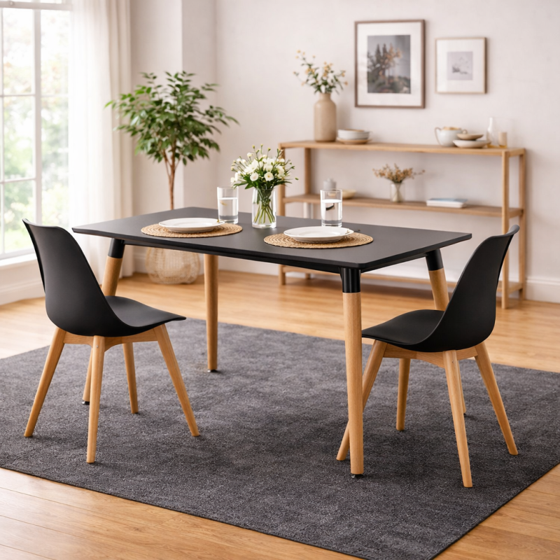 Table style scandinave 120x80cm plateau noir et pieds en bois massif