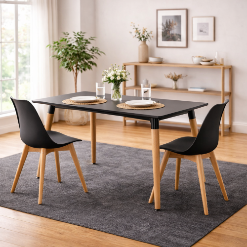 Table style scandinave 120x80cm plateau noir et pieds en bois massif
