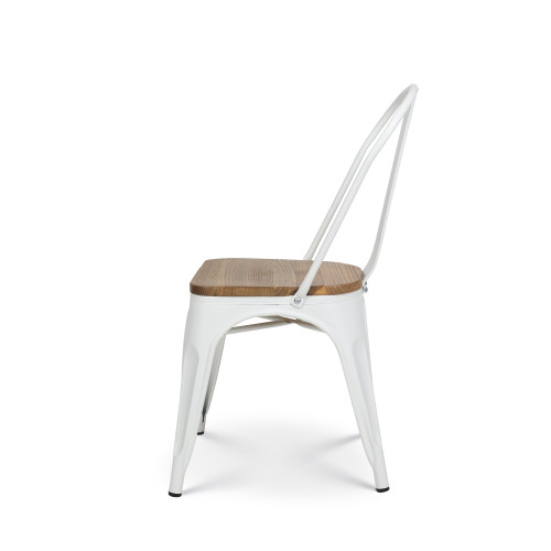 Lot de 4 chaises en métal blanc mat et assise en bois clair - Style industriel