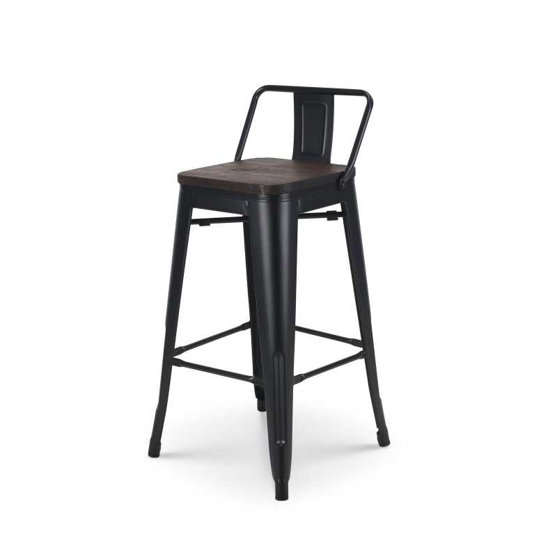 Lot de 4 tabourets de bar en métal noir mat style industriel avec dossier et assise en bois foncé - Hauteur 66cm