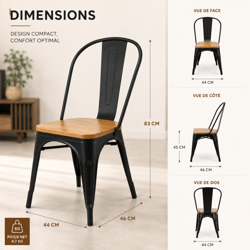 KOSMI - Chaise style industriel en métal noir et assise en bois clair