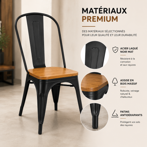 KOSMI - Chaise style industriel en métal noir et assise en bois clair
