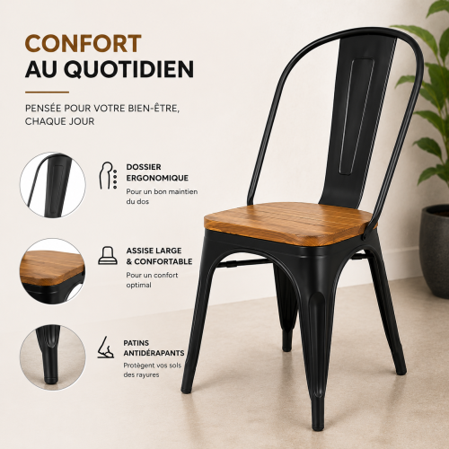 KOSMI - Chaise style industriel en métal noir et assise en bois clair