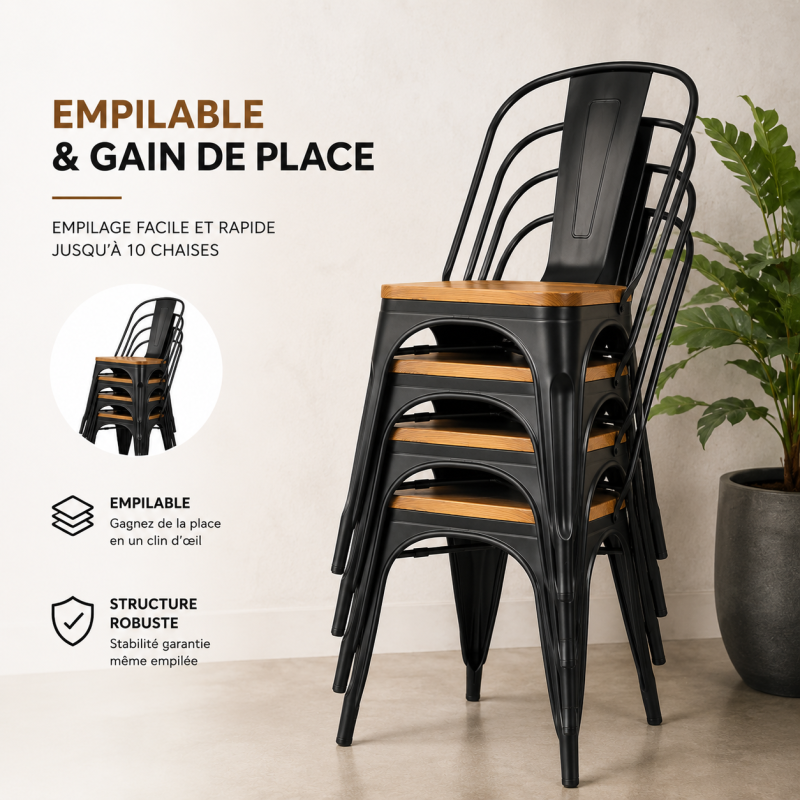 KOSMI - Chaise style industriel en métal noir et assise en bois clair