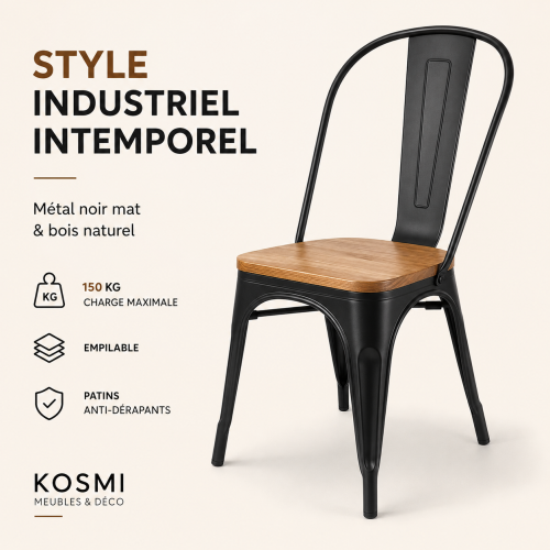 KOSMI - Chaise style industriel en métal noir et assise en bois clair