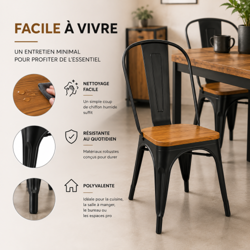 KOSMI - Chaise style industriel en métal noir et assise en bois clair