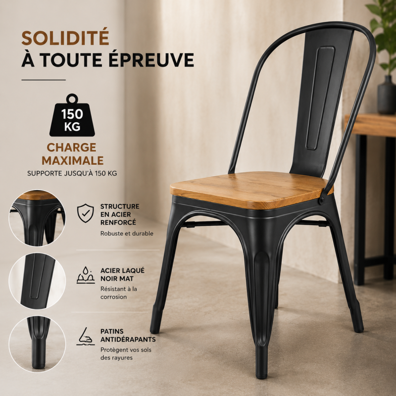 KOSMI - Chaise style industriel en métal noir et assise en bois clair