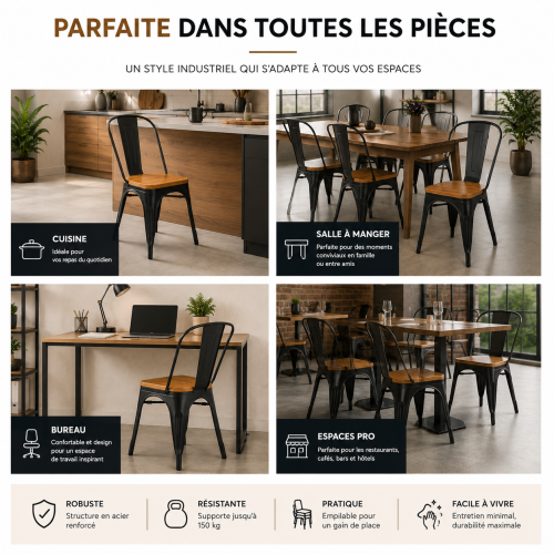 KOSMI - Chaise style industriel en métal noir et assise en bois clair