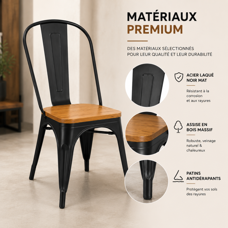 KOSMI - Lot de 4 Chaises en métal noir mat et assise bois clair
