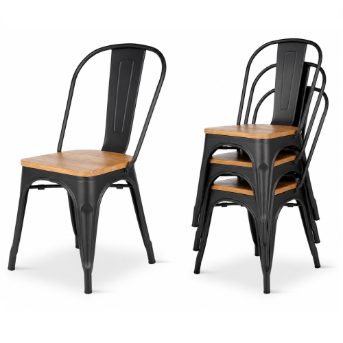KOSMI - Lot de 4 Chaises en métal noir mat et assise bois clair