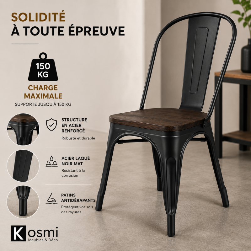 KOSMI - Lot de 4 chaises en métal Noir Mat et Assise en Bois Foncé