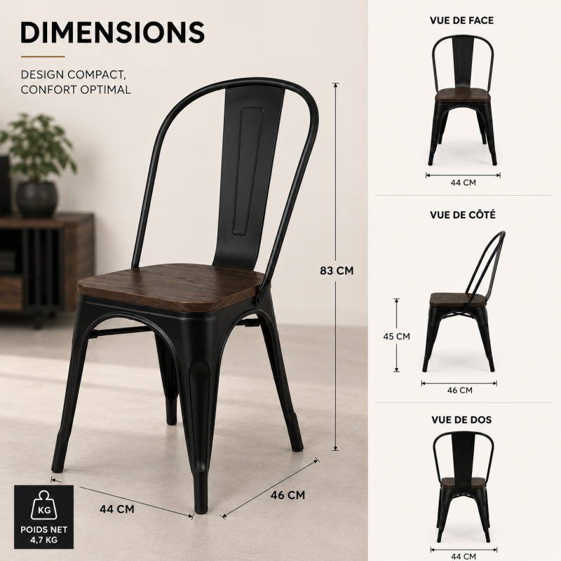 KOSMI - Lot de 4 chaises en métal Noir Mat et Assise en Bois Foncé