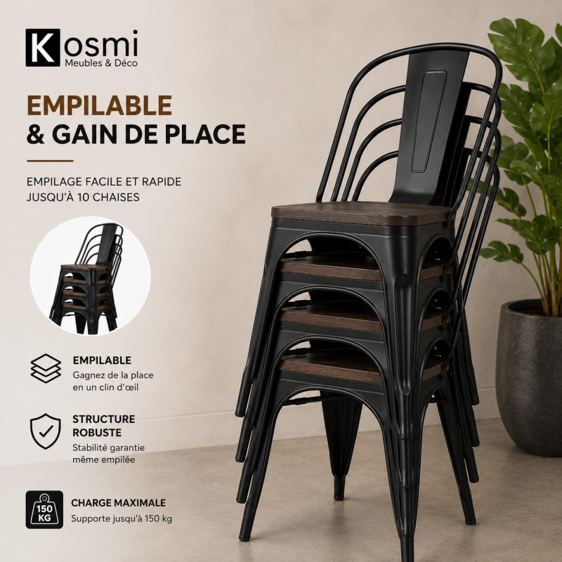 KOSMI - Lot de 4 chaises en métal Noir Mat et Assise en Bois Foncé