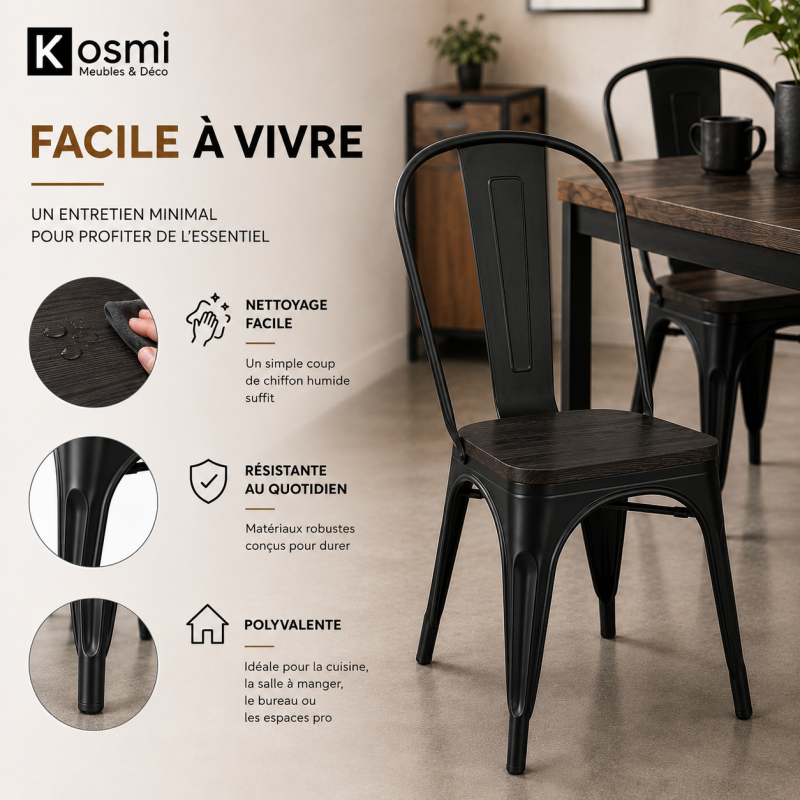 KOSMI - Lot de 4 chaises en métal Noir Mat et Assise en Bois Foncé