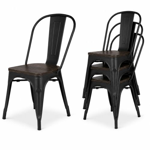 KOSMI - Lot de 4 chaises en métal Noir Mat et Assise en Bois Foncé