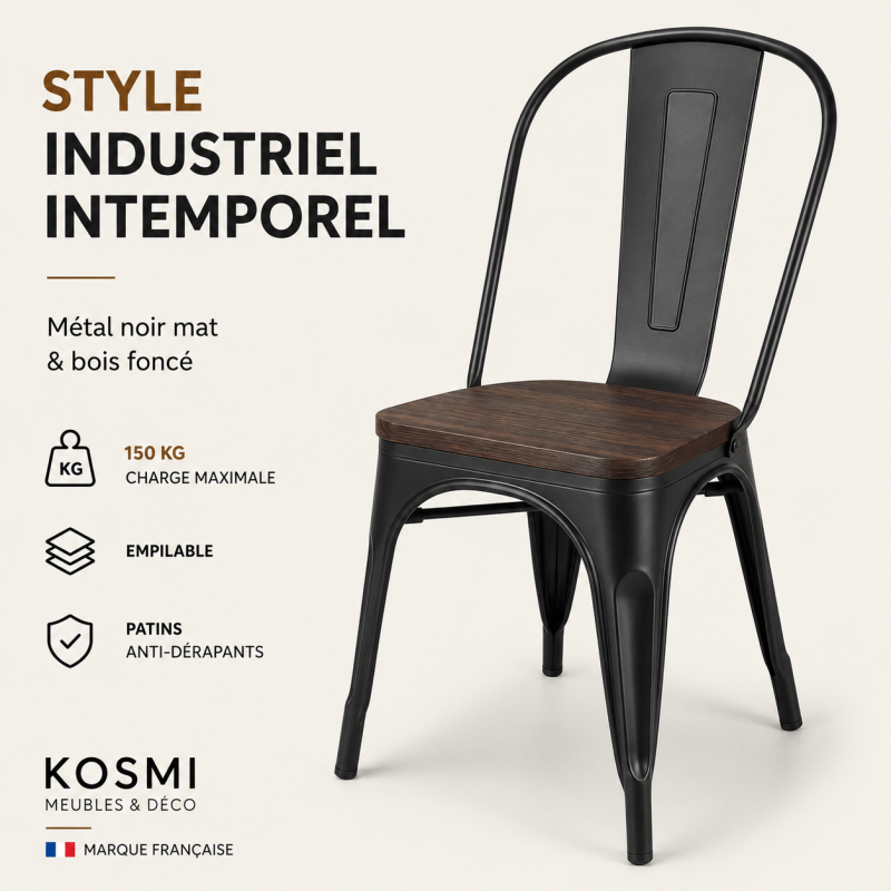 KOSMI - Lot de 4 chaises en métal Noir Mat et Assise en Bois Foncé