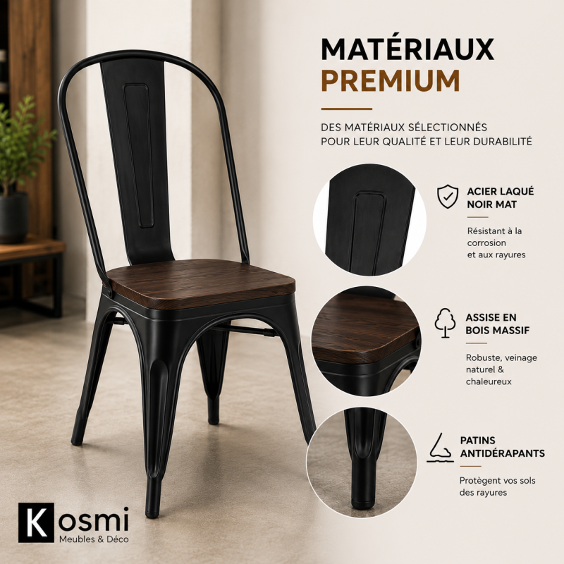 KOSMI - Lot de 4 chaises en métal Noir Mat et Assise en Bois Foncé