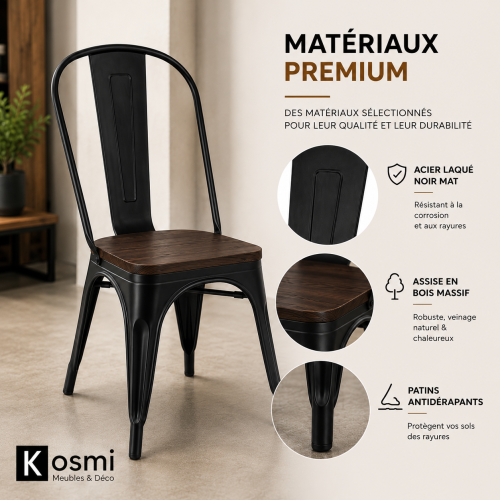 KOSMI - Lot de 4 chaises en métal Noir Mat et Assise en Bois Foncé