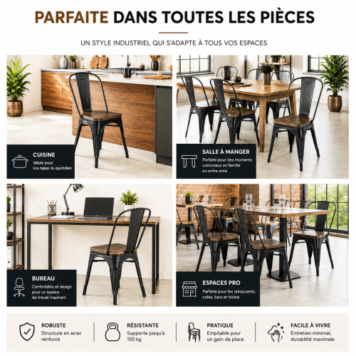KOSMI - Lot de 4 chaises en métal Noir Mat et Assise en Bois Foncé