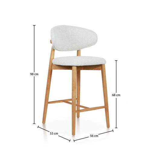 Tabouret Skandi en bois massif couleur naturel et assise en tissu chiné beige