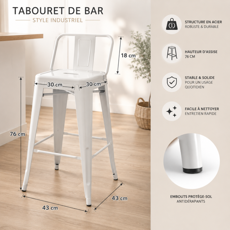 Tabouret de Bar Blanc Mat avec Dossier, Métal Industriel, Tabouret Cuisine Îlot Moderne Stable