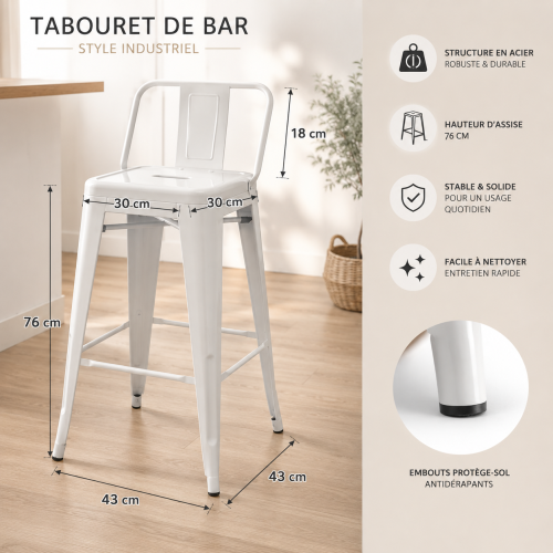 Tabouret de Bar Blanc Mat avec Dossier, Métal Industriel, Tabouret Cuisine Îlot Moderne Stable